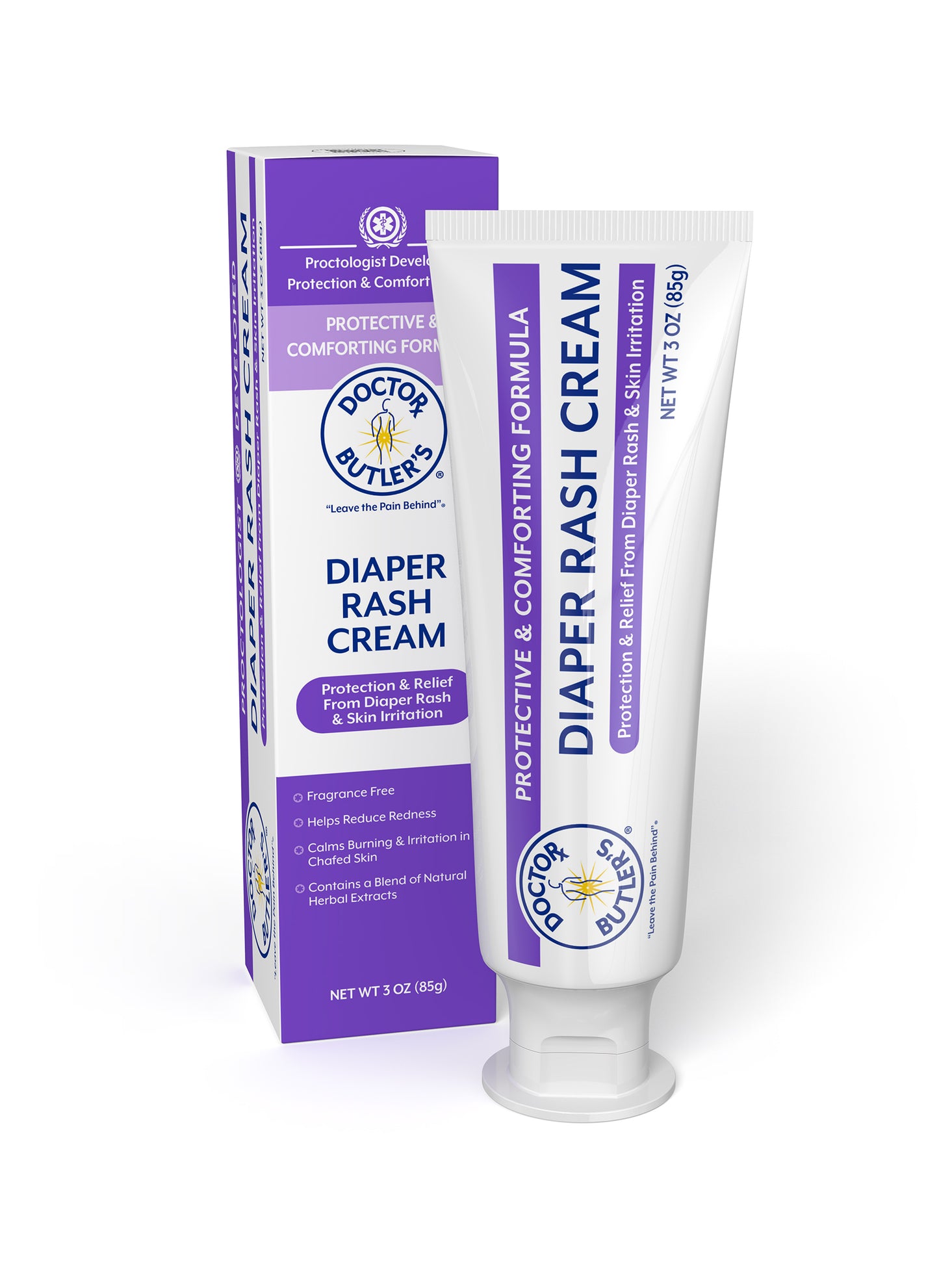 A tube of Doctor Butler's Diaper Rash Cream with its packaging box behind it. The cream tube is white with a purple label, and the box is also white with purple and blue text and design elements.