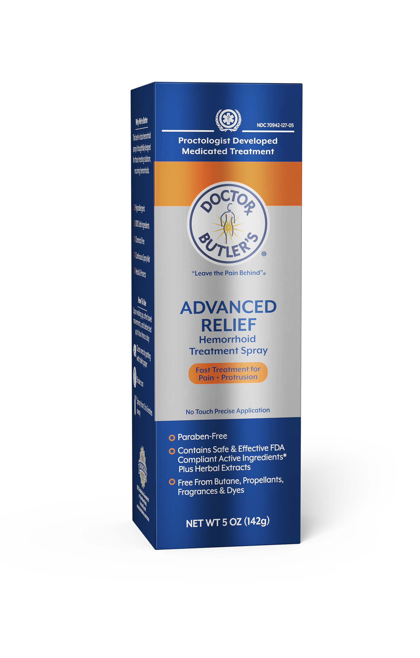 Packaging for Doctor Butler's Advanced Relief Hemorrhoid Treatment Spray, showing the box with product information.