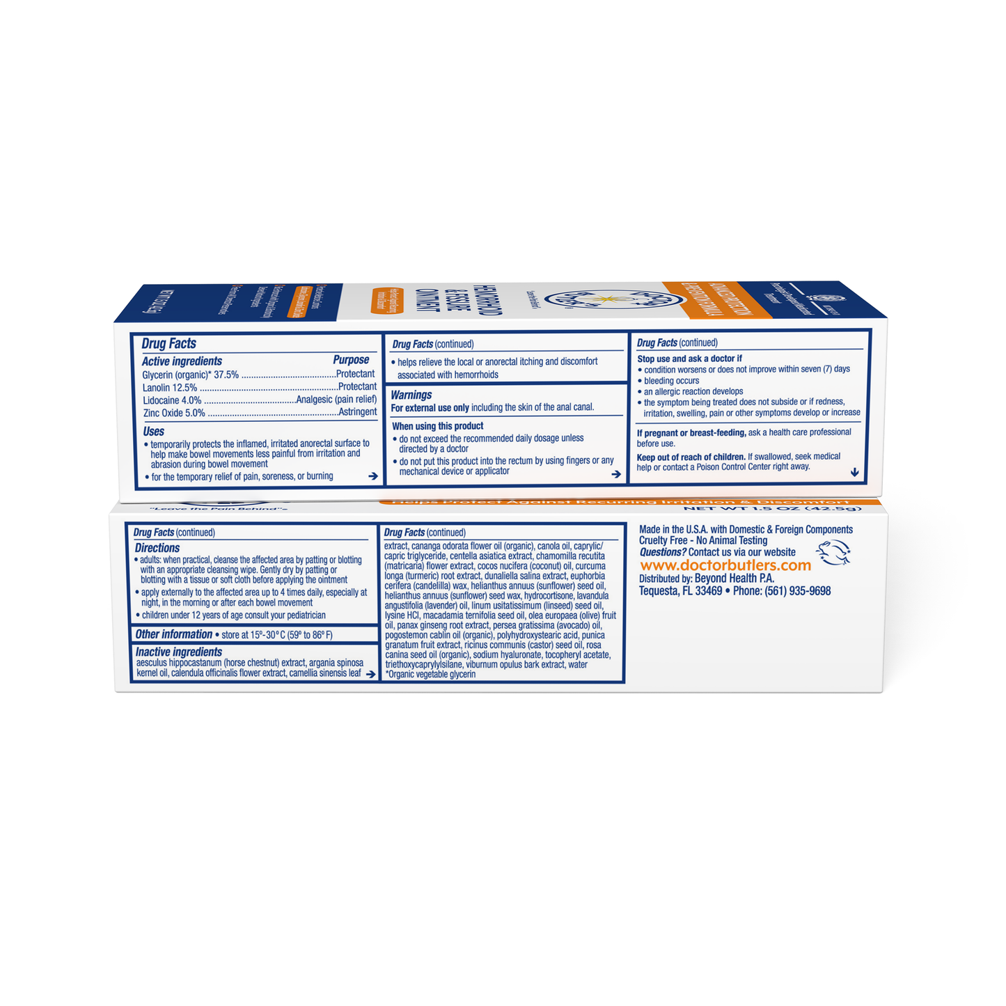 Packaging of Doctor Butler's Advanced Protection Hemorrhoid & Fissure Ointment, showing the box with drug facts information.
