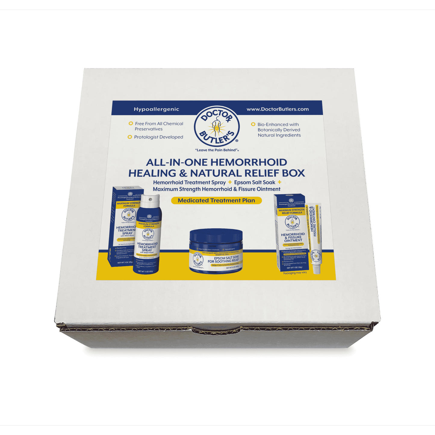 A product image featuring a box labeled 'All-In-One Hemorrhoid Healing & Natural Relief Box' with images of a cream tube, spray bottle, and a sitz bath kit, indicating a comprehensive treatment set for hemorrhoids.