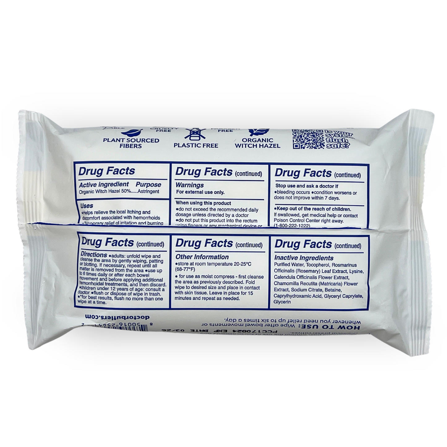 Back of the package of Doctor Butler's wet wipes showing the product's drug facts