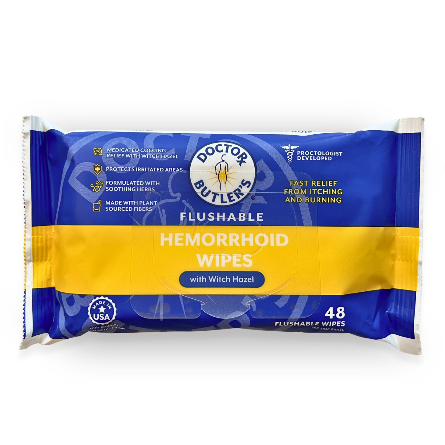 Packaging of Doctor Butler's Flushable Hemorrhoid Wipes with blue and yellow colors, labeled as providing relief from itching and irritation associated with hemorrhoids.