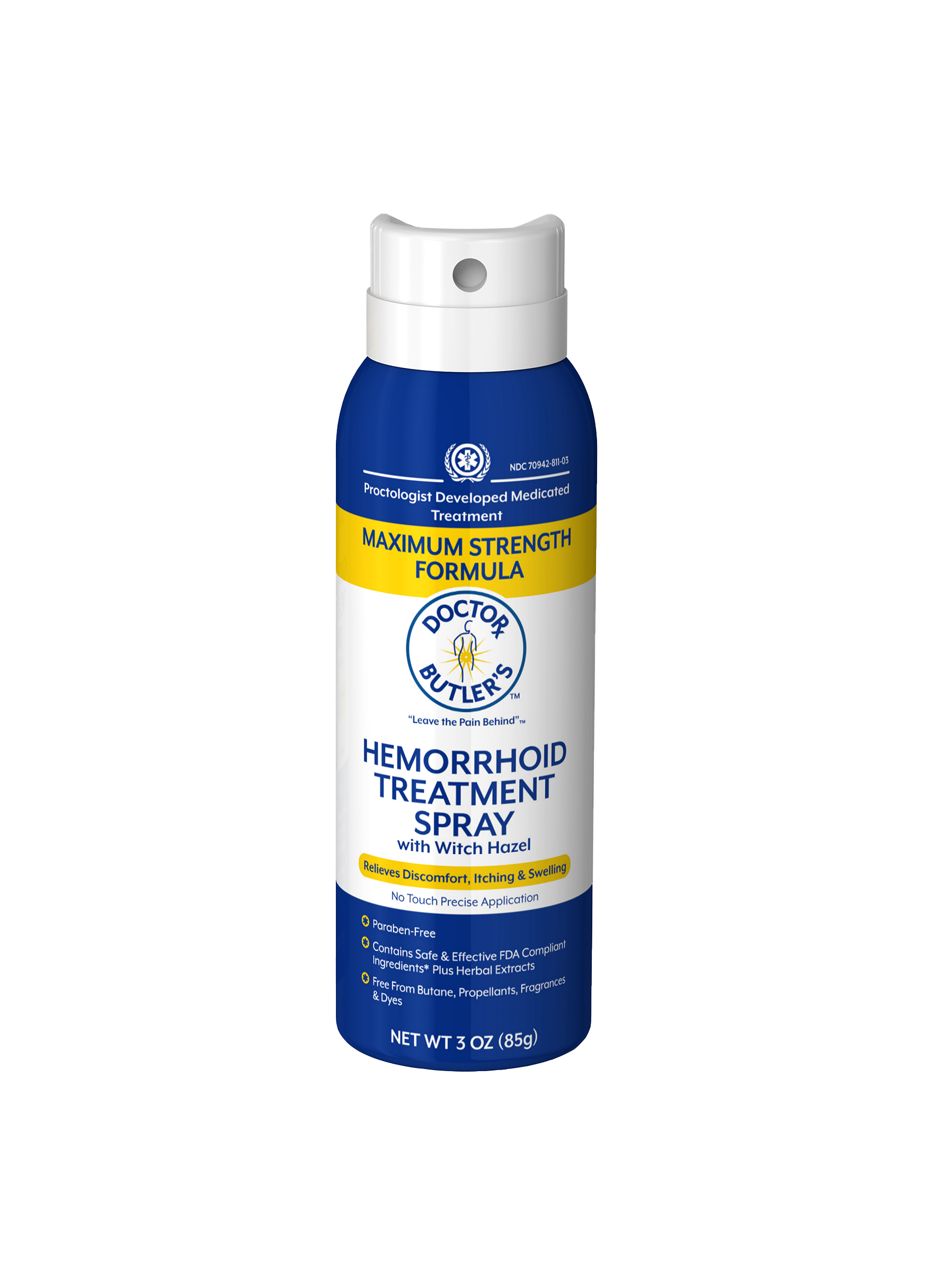 Packaging for Doctor Butler's Hemorrhoid Treatment Spray, showing the spray bottle.