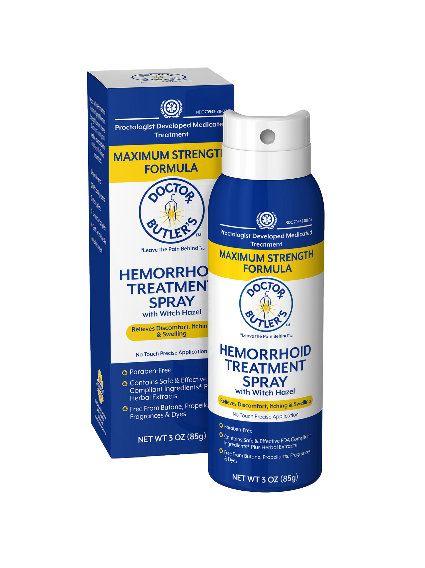 Packaging for Doctor Butler's Hemorrhoid Treatment Spray, showing the spray bottle and box with product information.
