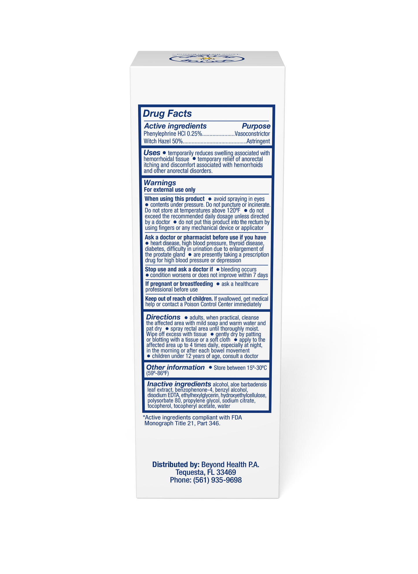 Packaging of Hemorrhoid Treatment Spray showing the label with active ingredients and product information.