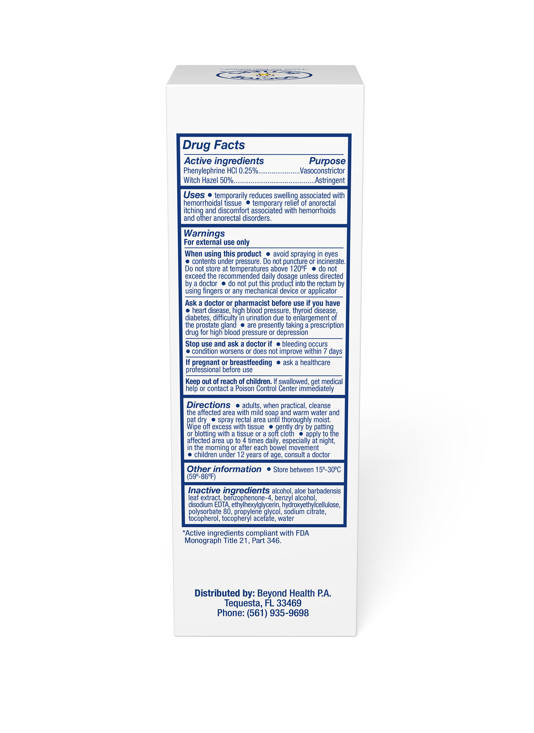 Packaging of Hemorrhoid Treatment Spray showing the label with active ingredients and product information.