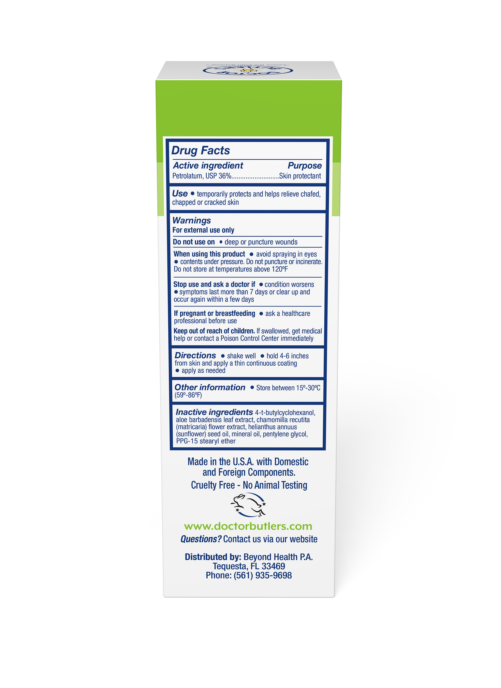 A product image featuring a green package of Soothing Incontinence Spray showcasing the product's drug facts.