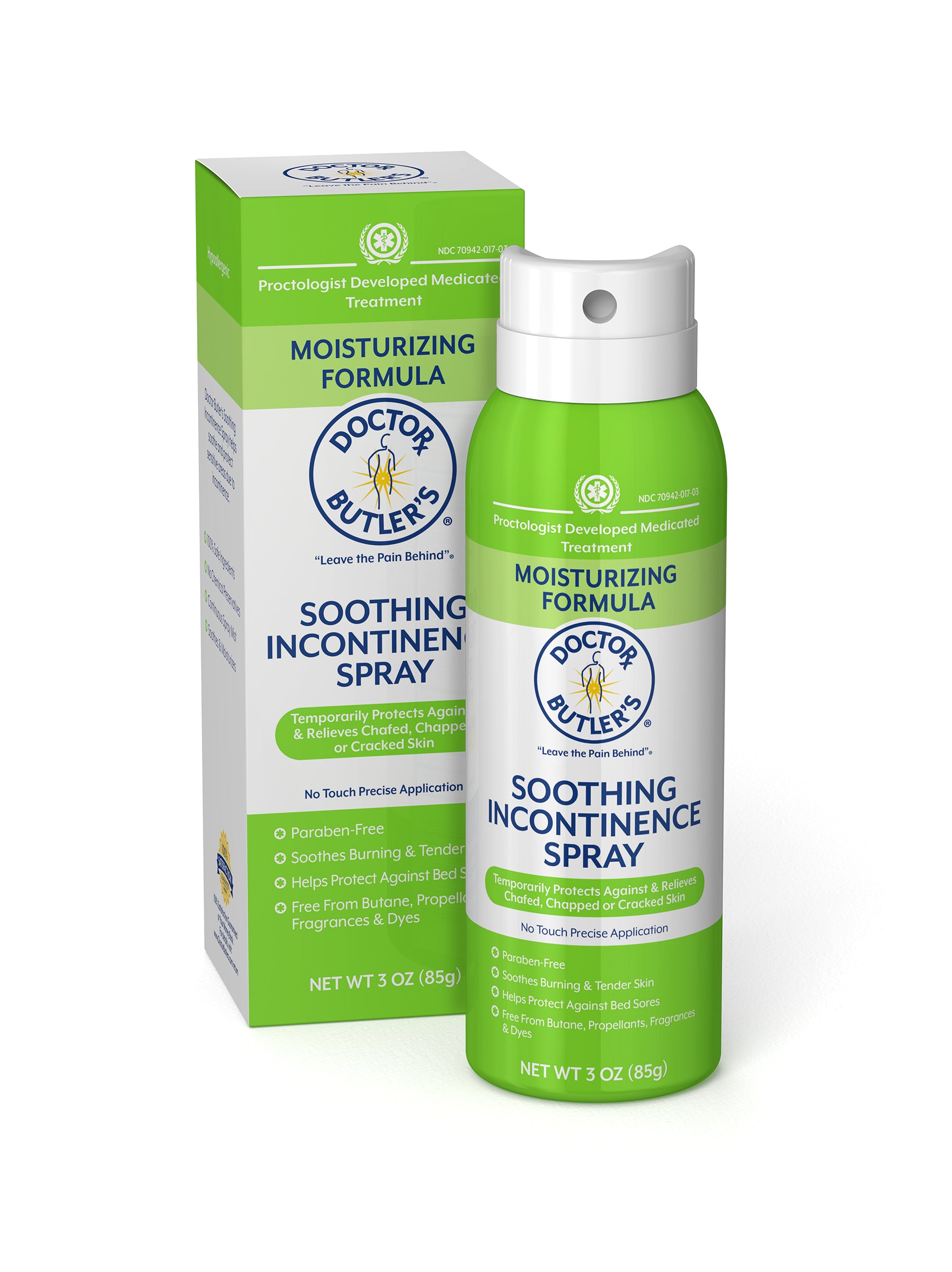 A product image featuring a green bottle of Soothing Incontinence Spray with its packaging box in the background. The label on the bottle includes white and blue text, and a graphic of a white cross.