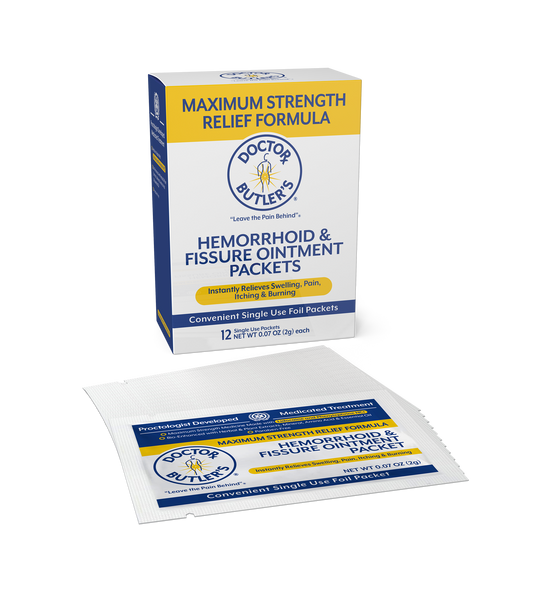 Packaging of Doctor Butler's Hemorrhoid and Fissure Ointment with multiple packets displayed in front.