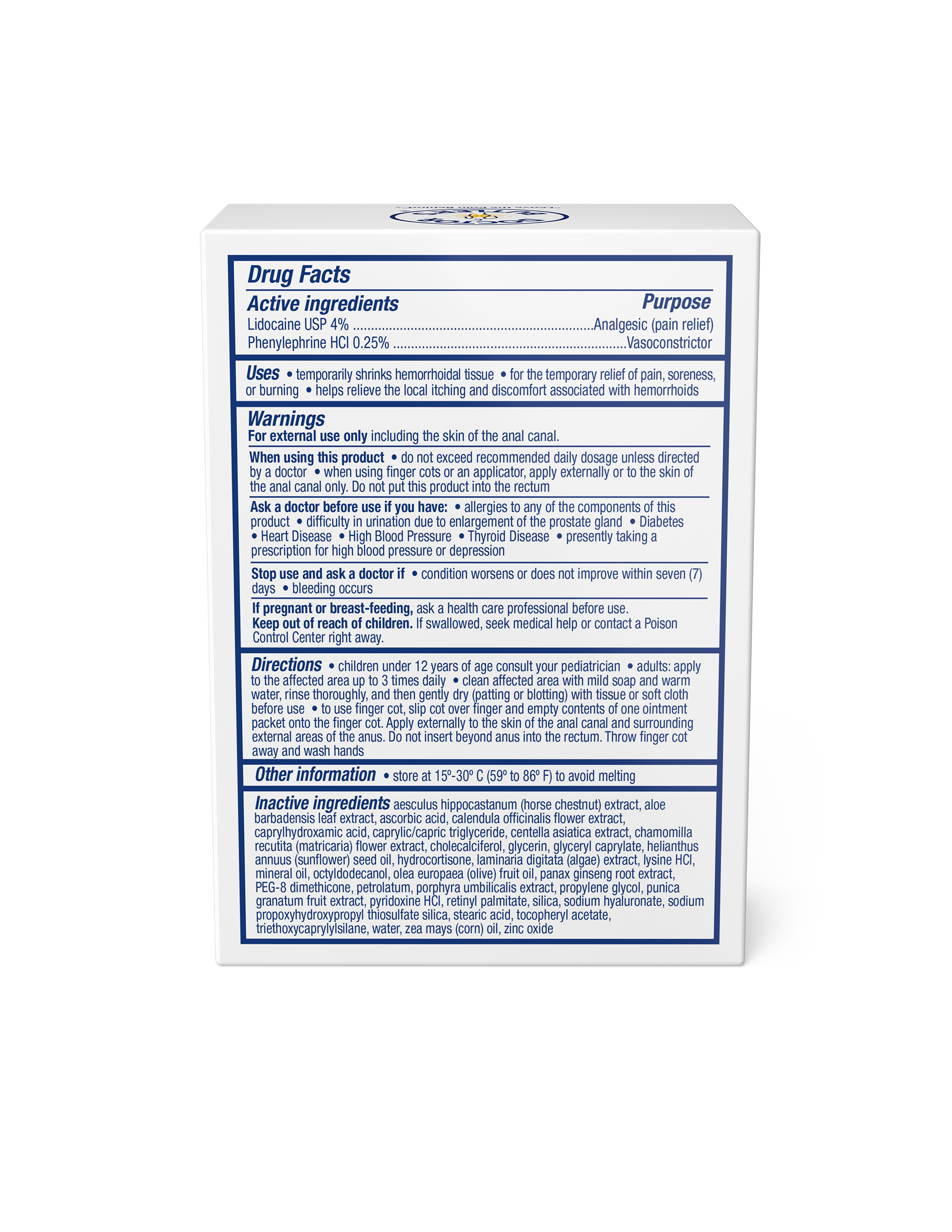The back of the packaging of Doctor Butler's Hemorrhoid and Fissure Ointment showcasing the product's drug facts