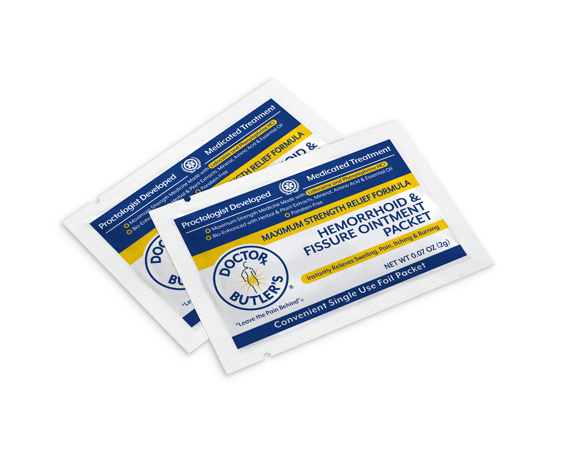 Packaging of Doctor Butler's Hemorrhoid and Fissure Ointment with showing multiple packets displayed.