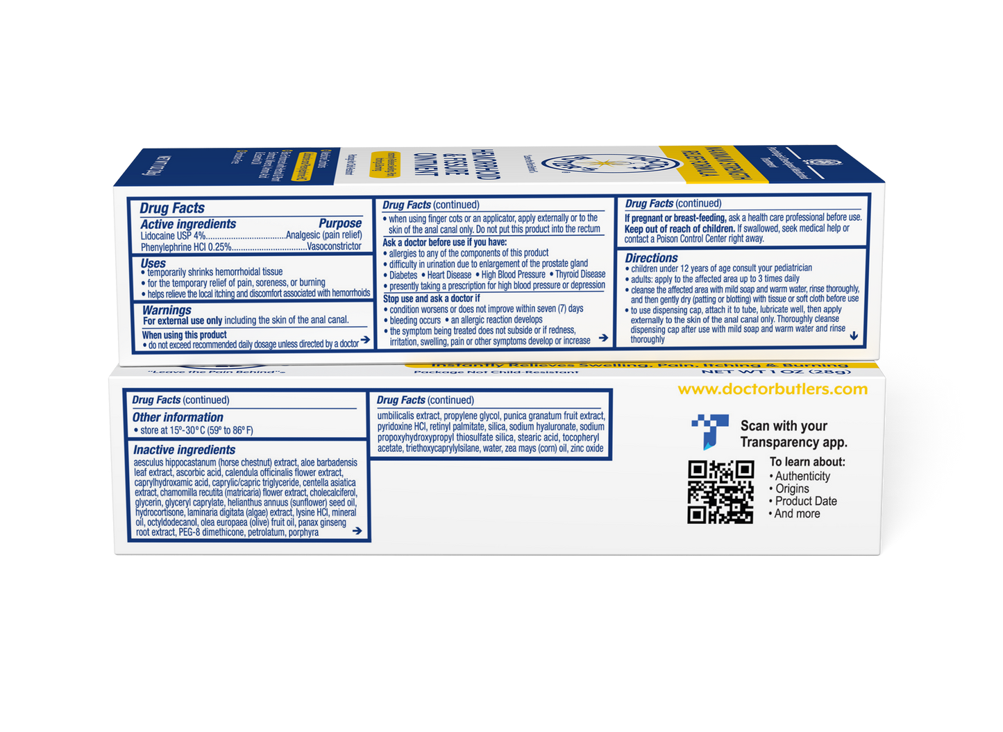 The back of the Packaging of Doctor Butler's Maximum Strength Hemorrhoid & Fissure Ointment, showing the product's drug facts.