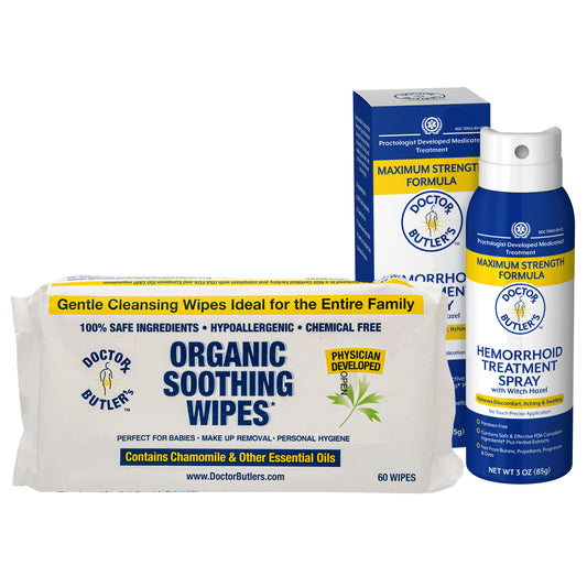 Packaging for Doctor Butler's Organic Soothing Wipes and Hemorrhoid Treatment Spray, featuring the product containers and branding.