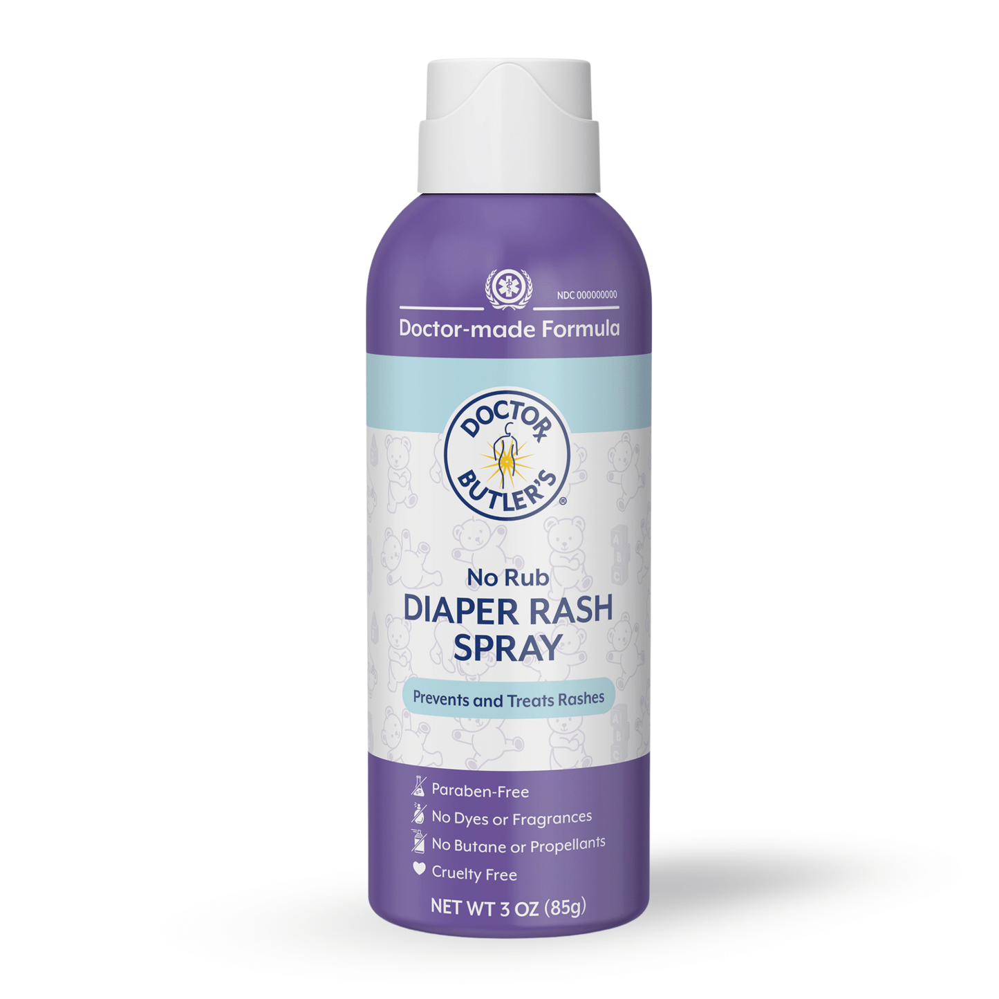 A bottle of Doctor Butler's No-Rub Diaper Rash Spray with purple and white labeling, indicating that it is a doctor-made formula and is free from dyes and fragrances.