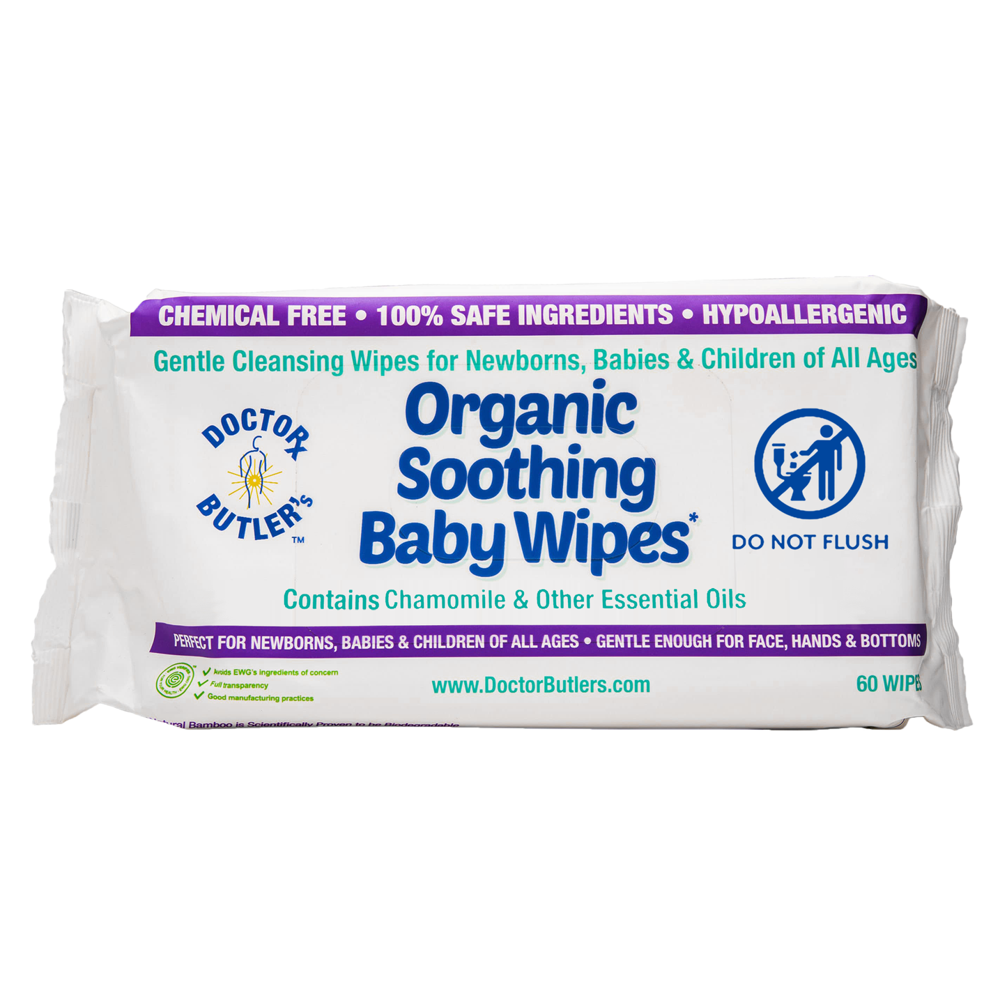 Packaging for Doctor Butler's Organic Soothing Baby Wipes, highlighting chemical-free ingredients, hypoallergenic formula, and compatibility with newborns and children of all ages.