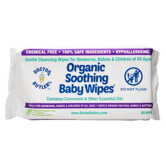Packaging for Doctor Butler's Organic Soothing Baby Wipes, highlighting chemical-free ingredients, hypoallergenic formula, and compatibility with newborns and children of all ages.