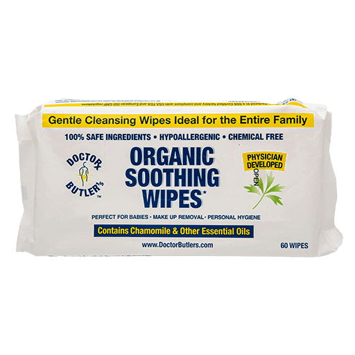 Package of organic soothing wipes with branding and text on a white background