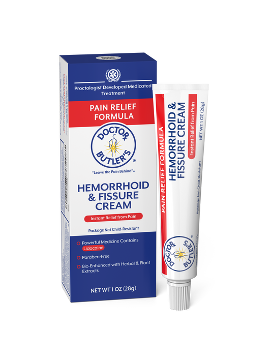 Packaging of Doctor Butler's Pain Relief Hemorrhoid Cream, showing a tube and box with product information.
