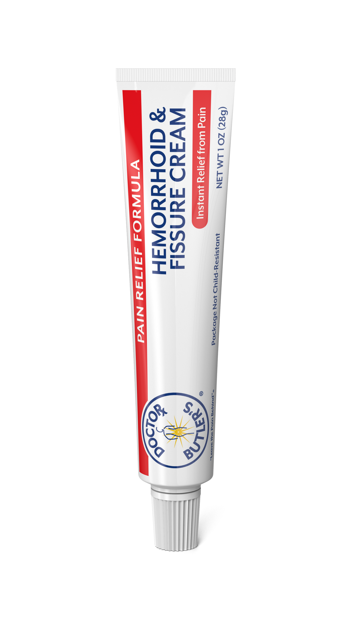 Packaging of Doctor Butler's Pain Relief Hemorrhoid Cream, showing a tube with product information.