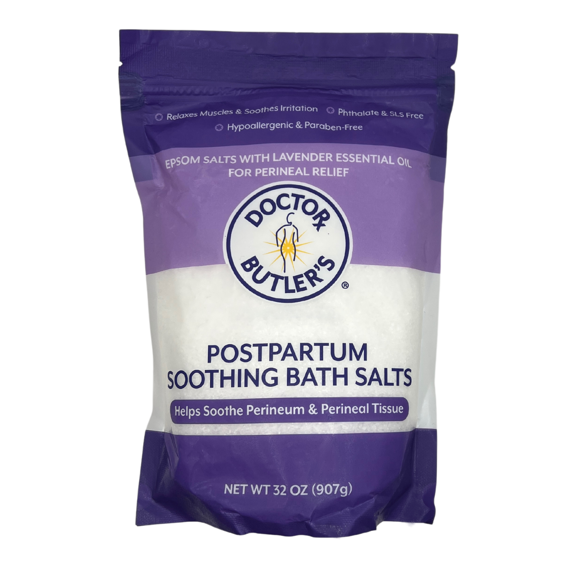 A package of Doctor Butler's Postpartum Soothing Bath Salts with key ingredients listed on the bag, including Epsom salt, lavender essential oil, vitamin E, and aloe vera.