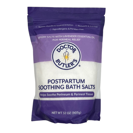 A package of Doctor Butler's Postpartum Soothing Bath Salts with key ingredients listed on the bag, including Epsom salt, lavender essential oil, vitamin E, and aloe vera.