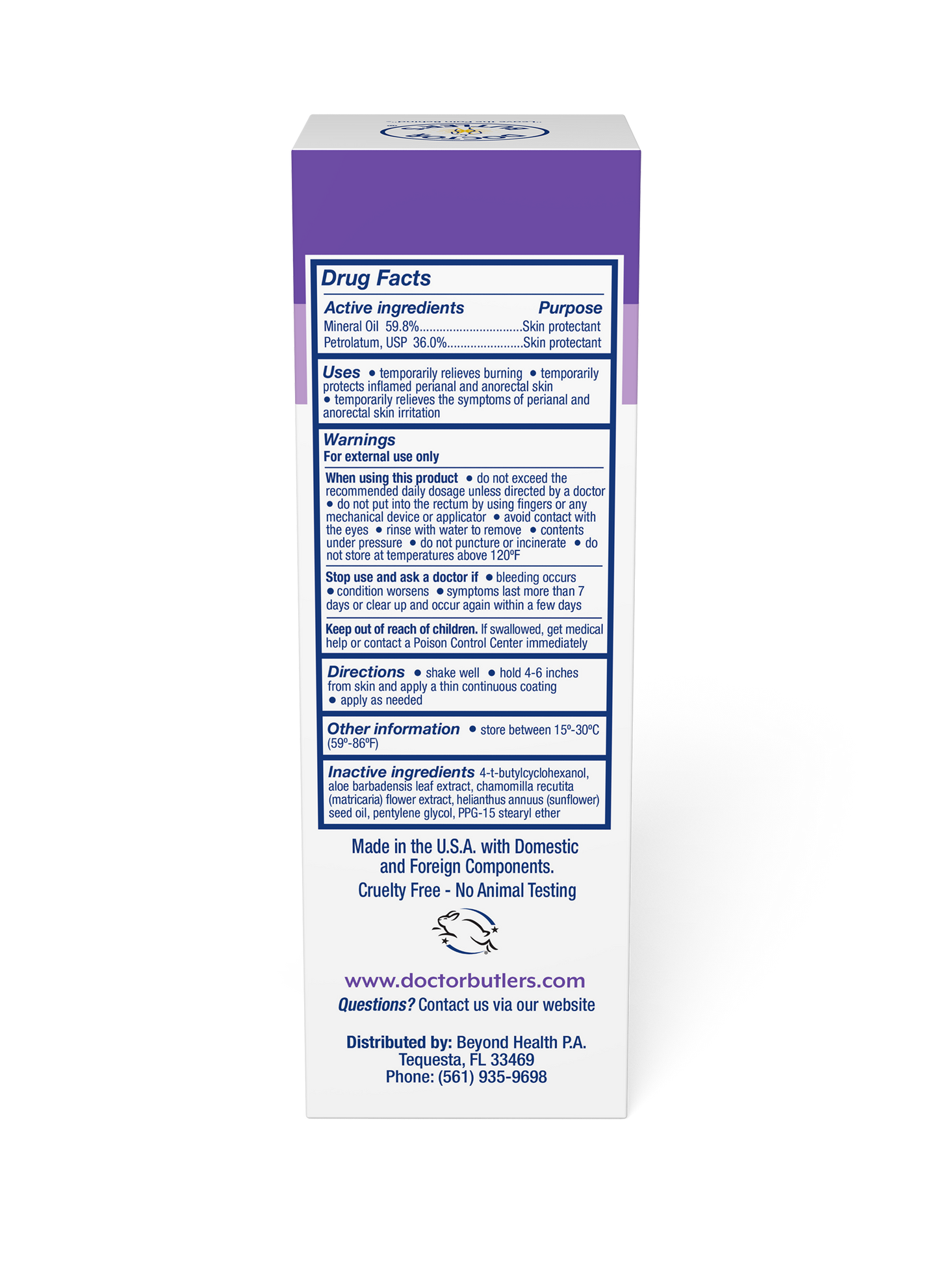 The back of Doctor Butler's Pregnancy & Postpartum Perineal Spray packaging box. The box has blue text noting the product's drug facts.