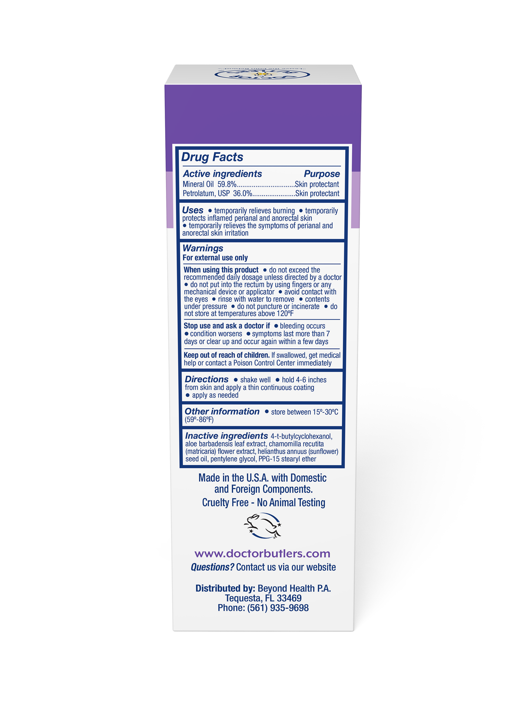 The back of Doctor Butler's Pregnancy & Postpartum Perineal Spray packaging box. The box has blue text noting the product's drug facts.