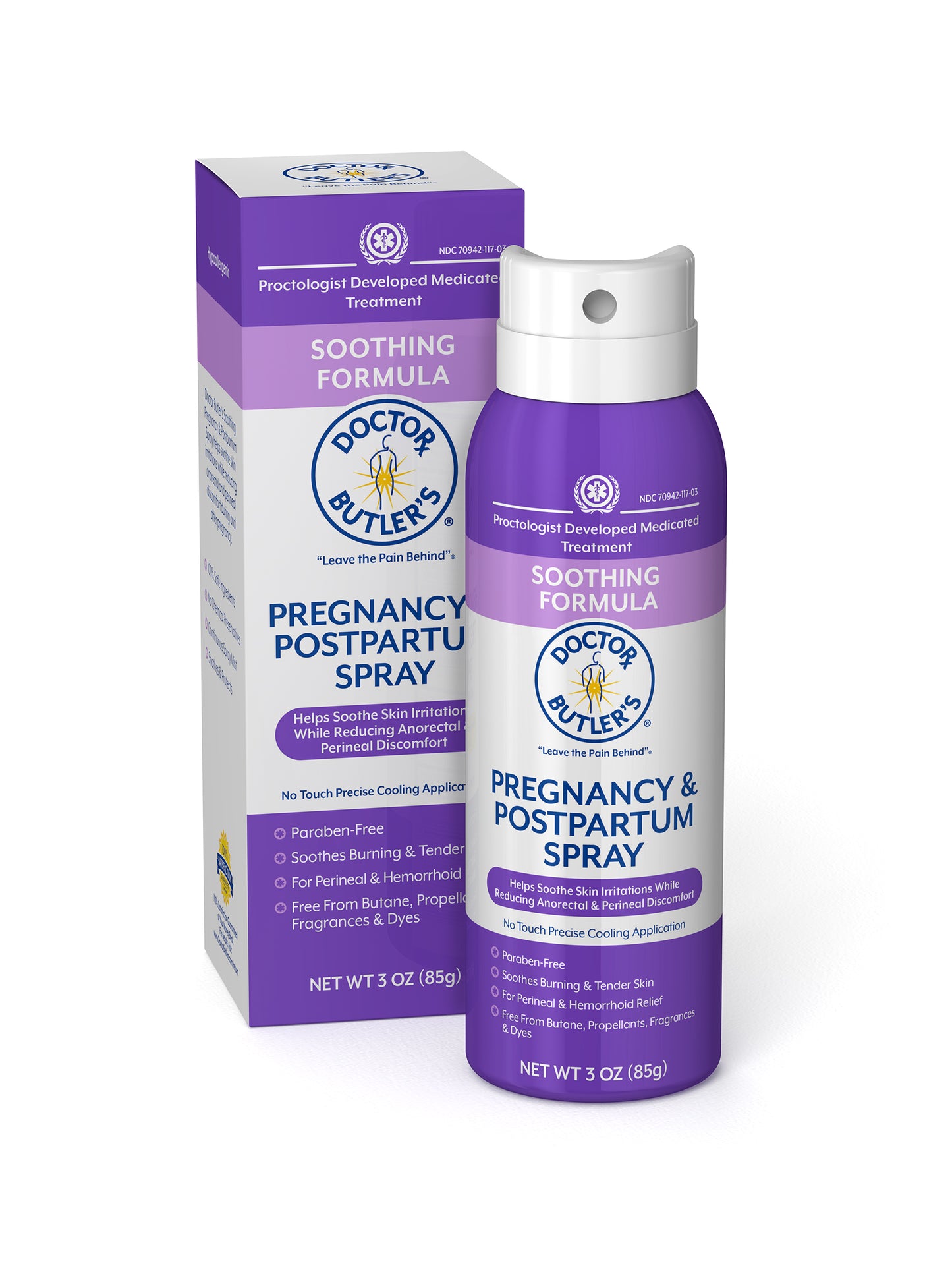 A bottle of Doctor Butler's Pregnancy & Postpartum Perineal Spray with its packaging box. The bottle is purple with a white spray nozzle, and the box has purple text.