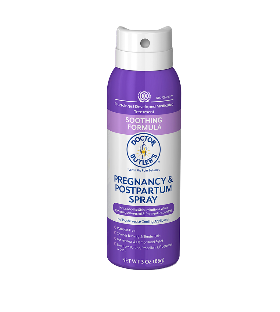 A bottle of Doctor Butler's Pregnancy & Postpartum Perineal Spray. The bottle is purple with a white spray nozzle.