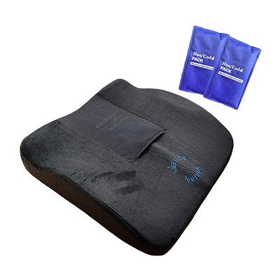 A black memory foam seat cushion designed for comfort and pain relief, includes two blue gel packs.