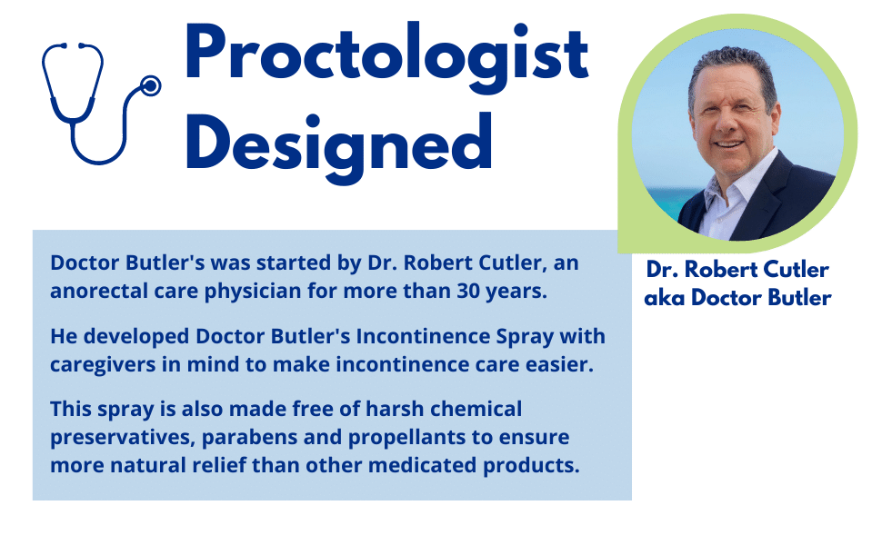 Proctologist designed. Dr. Robert Cutler developed this incontinence spray with caregivers in mind to make incontinence care easier. This spray is also made free of harsh chemical preservatives, parabens and propellants to ensure more natural relief than other medicated products.