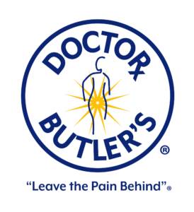 A transparent background version of Doctor Butler's logo featuring the words Doctor Butler's in a circle around a line drawing of a running woman with a sunburst centered on her buttocks with the slogan "Leave the Pain Behind" underneath